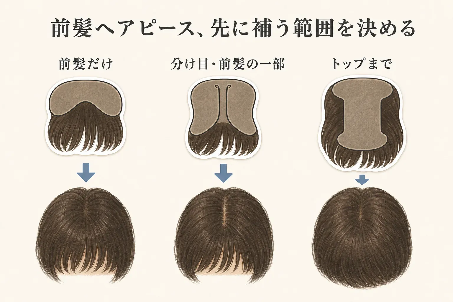 前髪ヘアピースで補う範囲を示す図。前髪だけ、分け目・前髪の一部、トップまでの3種類について、ベースの形と装着後に覆う髪の範囲を上から見たイラストで比較する