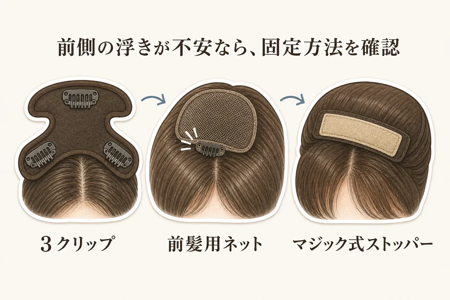 前側の浮きが不安なときに確認する固定方法を示す図。3クリップ、前髪用ネット、マジック式ストッパーを、ヘアピースの裏側と頭部への装着イラストで比較する