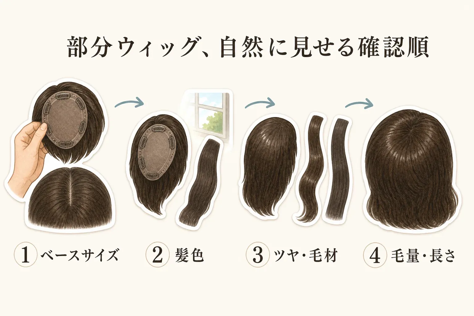 部分ウィッグを自然に見せる確認順を示す図。ベースサイズ、髪色、ツヤ・毛材、毛量・長さの順に、頭頂部と毛束のイラストで確認する