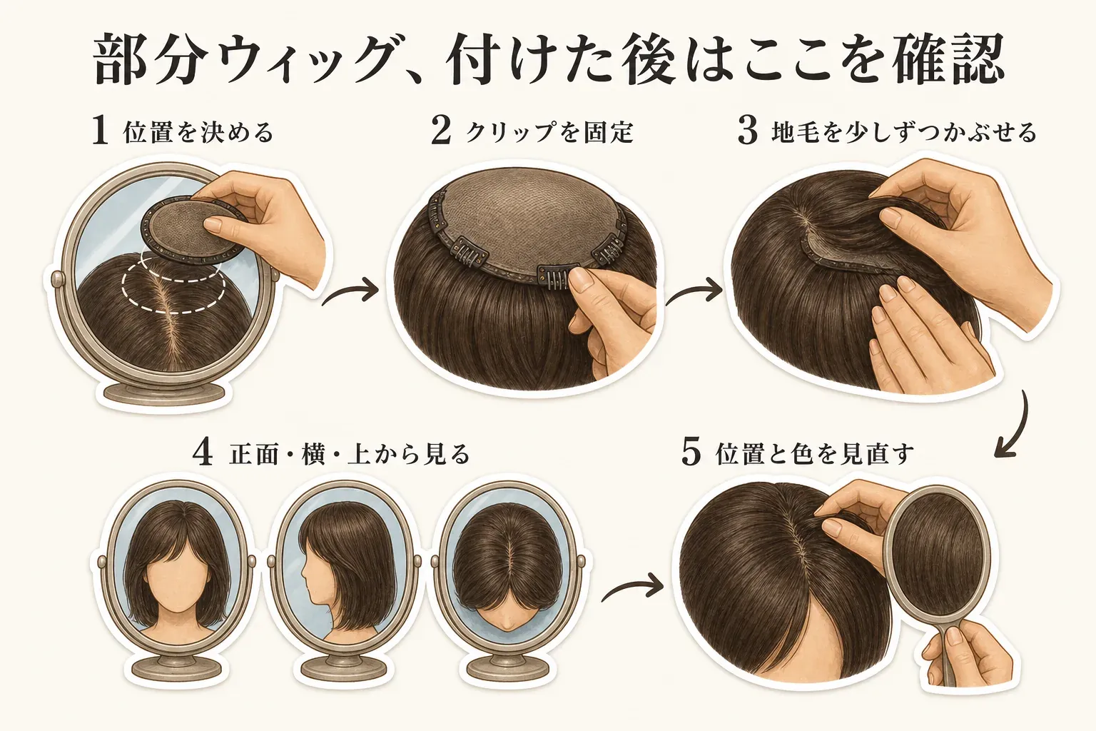 部分ウィッグを付けた後の確認手順を示す図。位置を決める、クリップを固定する、地毛を少しずつかぶせる、正面・横・上から見る、位置と色を見直す、の5段階をイラストで示す
