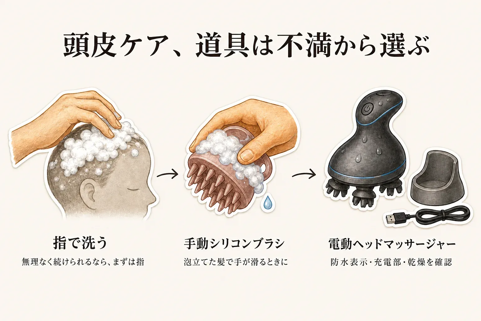 頭皮ケアに使う道具の選び方を示す図。無理なく続けられる場合は指で洗い、泡立てた髪で手が滑るときは手動シリコンブラシ、防水表示・充電部・乾燥を確認できるときは電動ヘッドマッサージャーを選ぶ