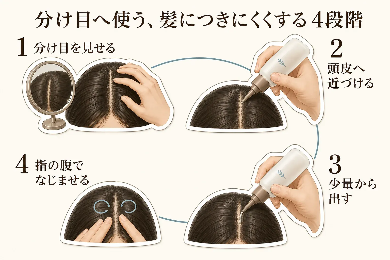 分け目へ頭皮用ローションを使う4段階を示す図。鏡で分け目を見せ、ノズルを頭皮へ近づけ、少量から出し、指の腹でなじませる