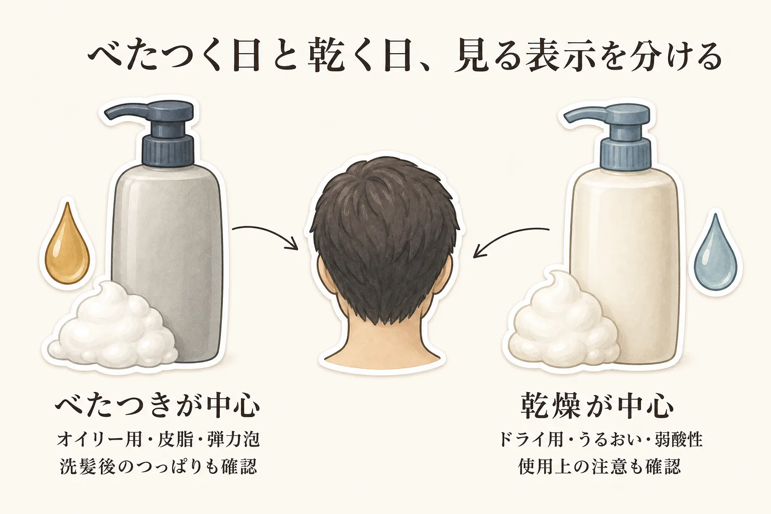 べたつく日と乾く日で確認する表示を分ける図。べたつきが中心の日はオイリー用・皮脂・弾力泡の表示と洗髪後のつっぱりを、乾燥が中心の日はドライ用・うるおい・弱酸性の表示と使用上の注意を確認する