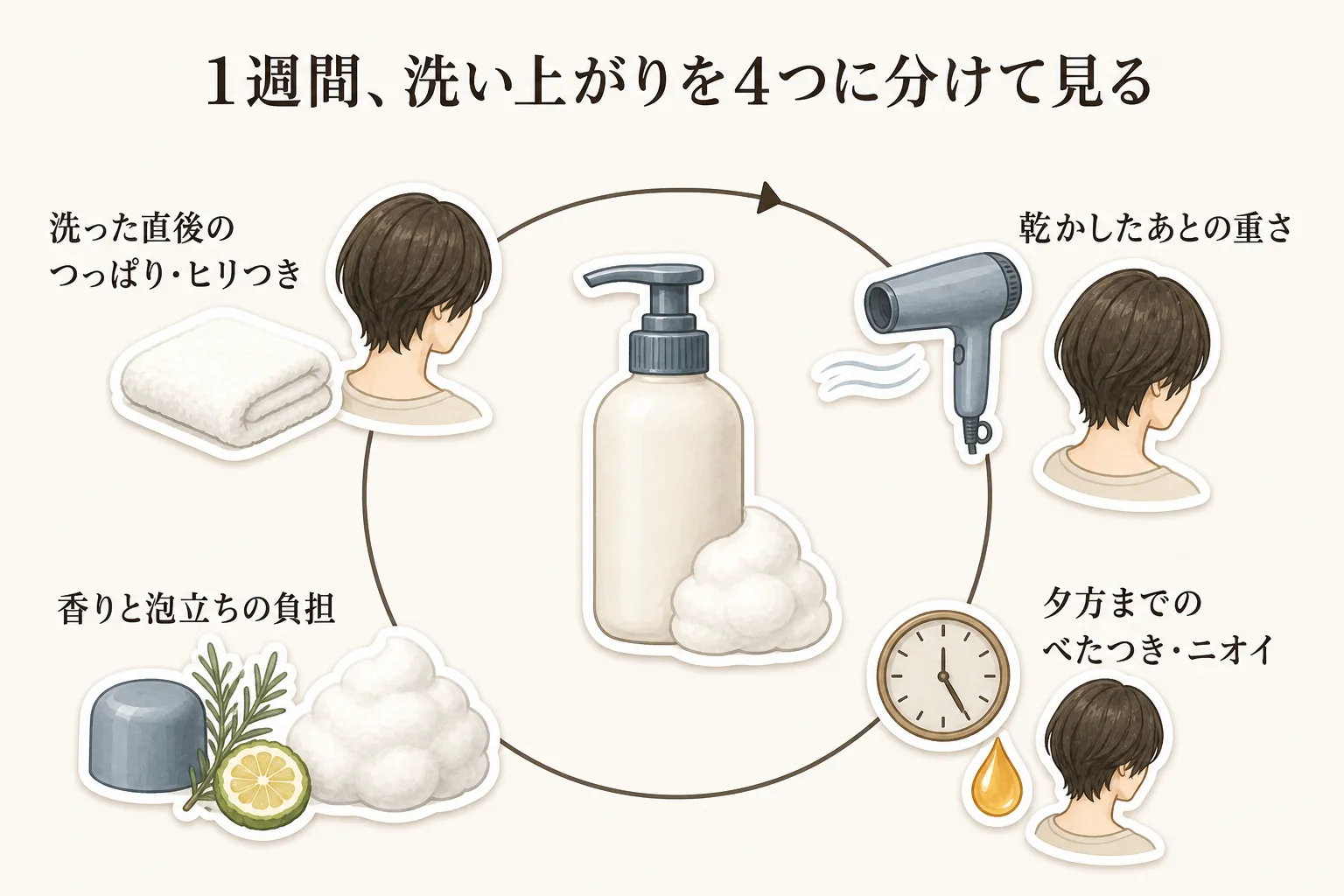 1週間、シャンプーの洗い上がりを4つに分けて見る図。洗った直後のつっぱり・ヒリつき、乾かしたあとの重さ、夕方までのべたつき・ニオイ、香りと泡立ちの負担を順に確認する