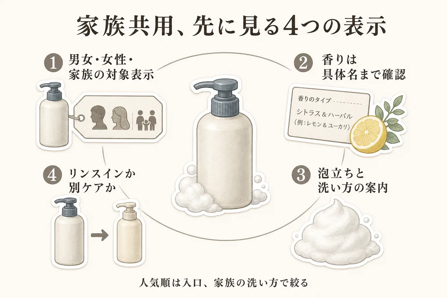 家族共用のスカルプシャンプーを選ぶ前に確認する4つの表示を示す図。男女・女性・家族の対象表示、シトラス＆ハーバルなどの具体的な香り名、泡立ちと洗い方の案内、リンスインか別ケアかを順に確認し、人気順は入口として家族の洗い方で候補を絞る
