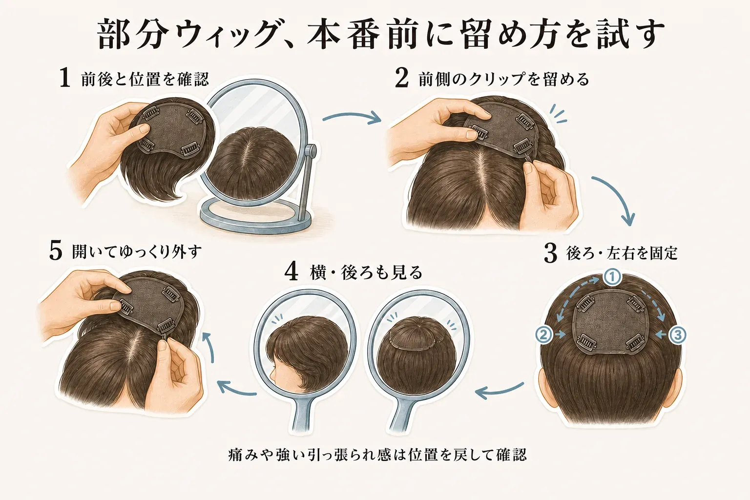 部分ウィッグを留める練習手順を示す図。前後を確認してカバーしたい位置に置き、前側、後ろ、左右のクリップを順に留め、正面・横・後ろから浮きや毛束の段差を確認し、外すときはクリップを開いて地毛を引っ張らずに上方向へ外す流れ