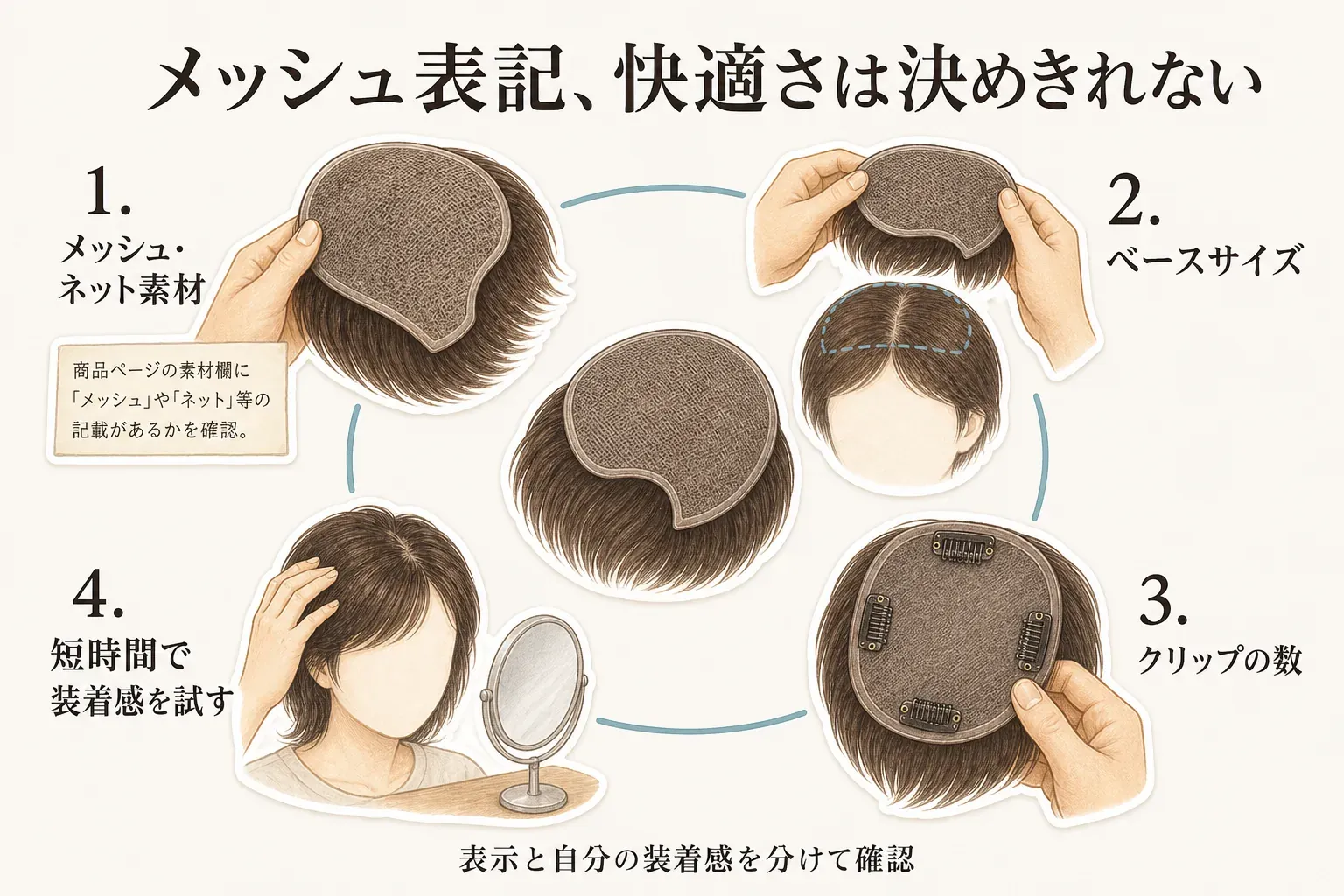 部分ウィッグの通気性を確認する項目を示す図。メッシュ表記だけで蒸れにくさを判断せず、ネット素材、ベースサイズ、クリップの数、ベースの面積、毛量、留め具が当たる場所、装着時の圧迫感を商品表示と短時間の試用で確認する