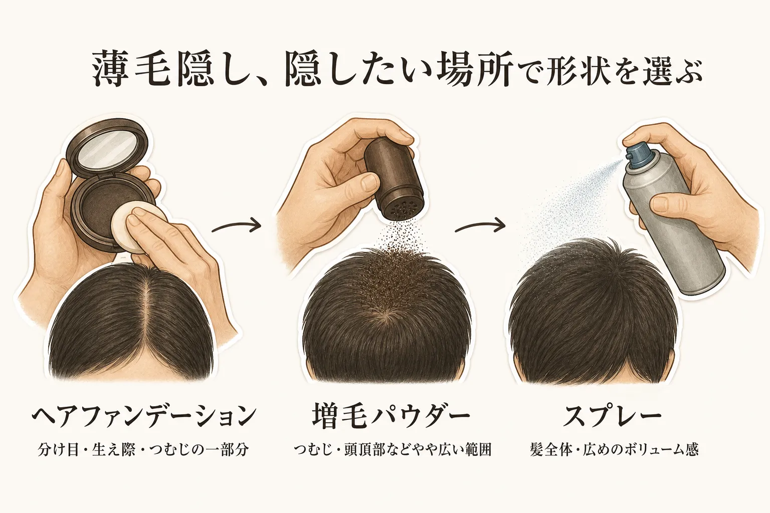 薄毛隠しを隠したい場所で選ぶ図。分け目・生え際・つむじの一部分にはパフで使うヘアファンデーション、つむじ・頭頂部などやや広い範囲には増毛パウダー、髪全体・広めのボリューム感にはスプレーを示す