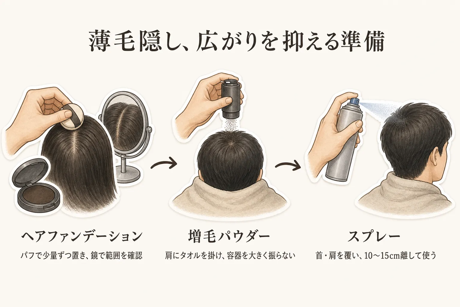 薄毛隠しで周囲への広がりを抑える準備の図。ヘアファンデーションはパフで少量ずつ置いて鏡で範囲を確認し、増毛パウダーは肩にタオルを掛けて容器を大きく振らず、スプレーは首・肩を覆って10〜15cm離して使うことを示す