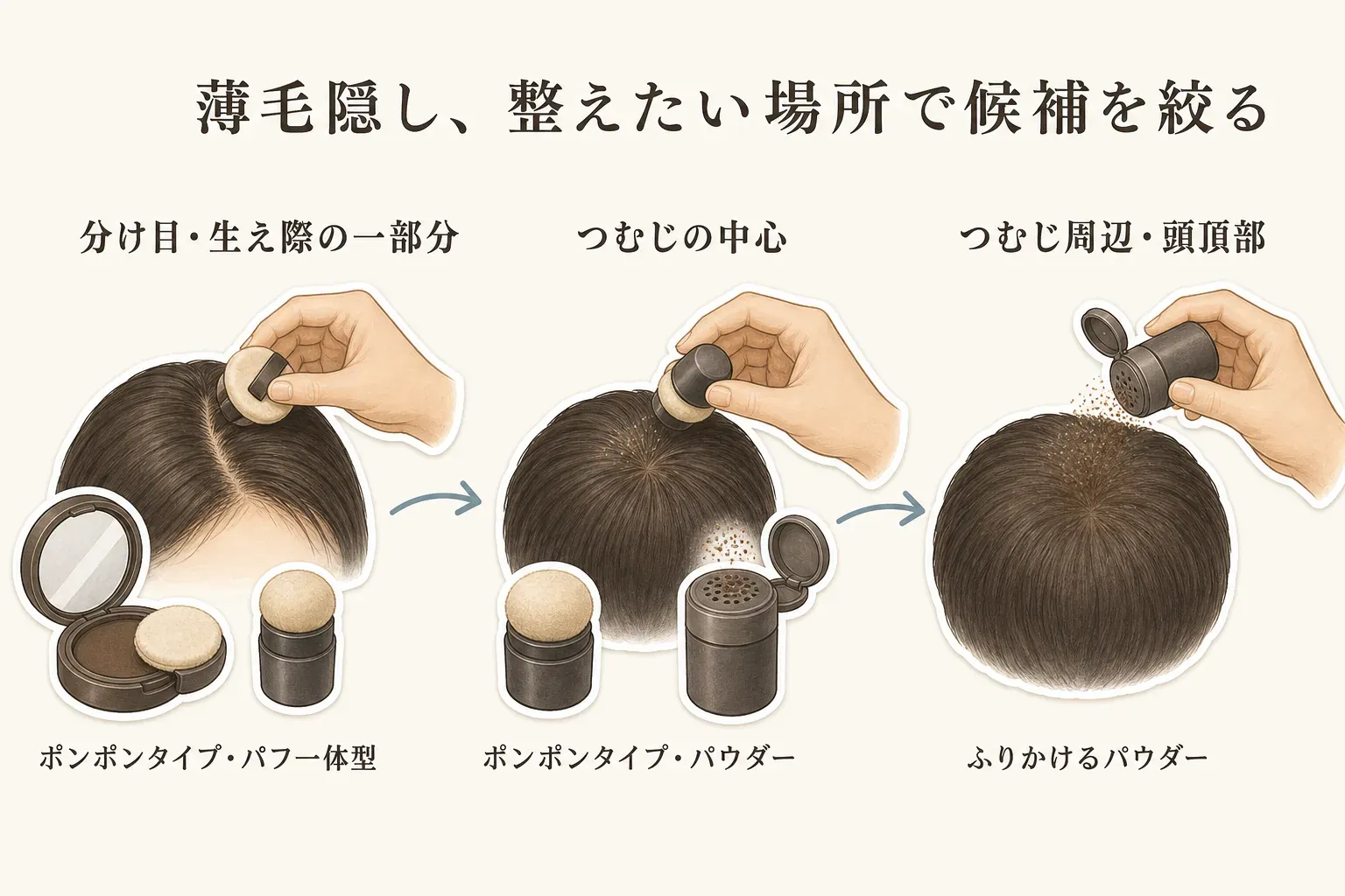 薄毛隠しを整えたい場所と形状の対応図。分け目・生え際の一部分にはポンポンタイプやパフ一体型、つむじの中心にはポンポンタイプやパウダー、つむじ周辺・頭頂部にはふりかけるパウダーを示す