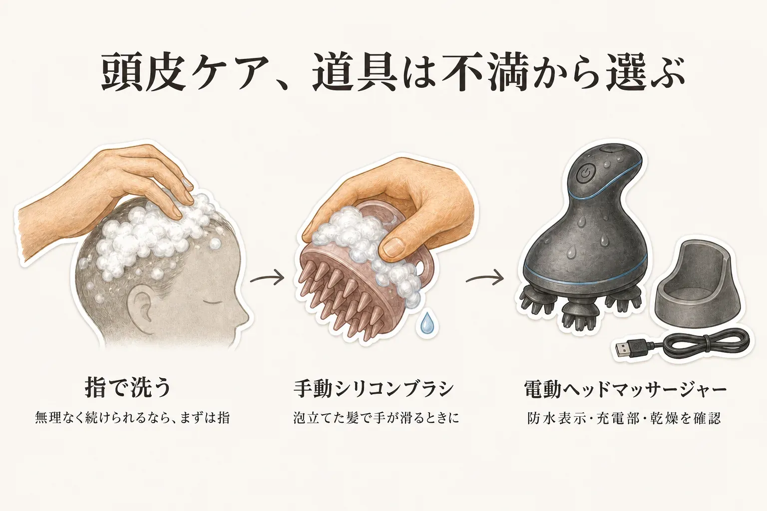 年末年始に使う増毛パウダー・ヘアファンデーションを、使う場所と容器で選ぶ図。外出先で分け目や生え際を直す場合は鏡付きケースやパフ・ブラシ一体型、家で頭頂部を広く整える場合は増毛パウダー、小分けスティックは詰め替え用として示す